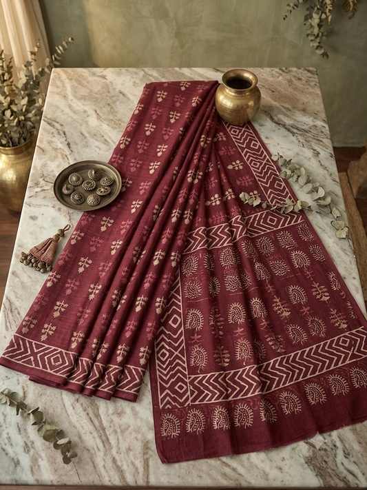 Maroon Digital Printed Cotton Saree