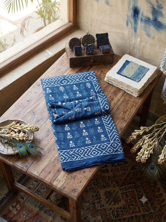 Indigo Blue Digital Printed Cotton Saree