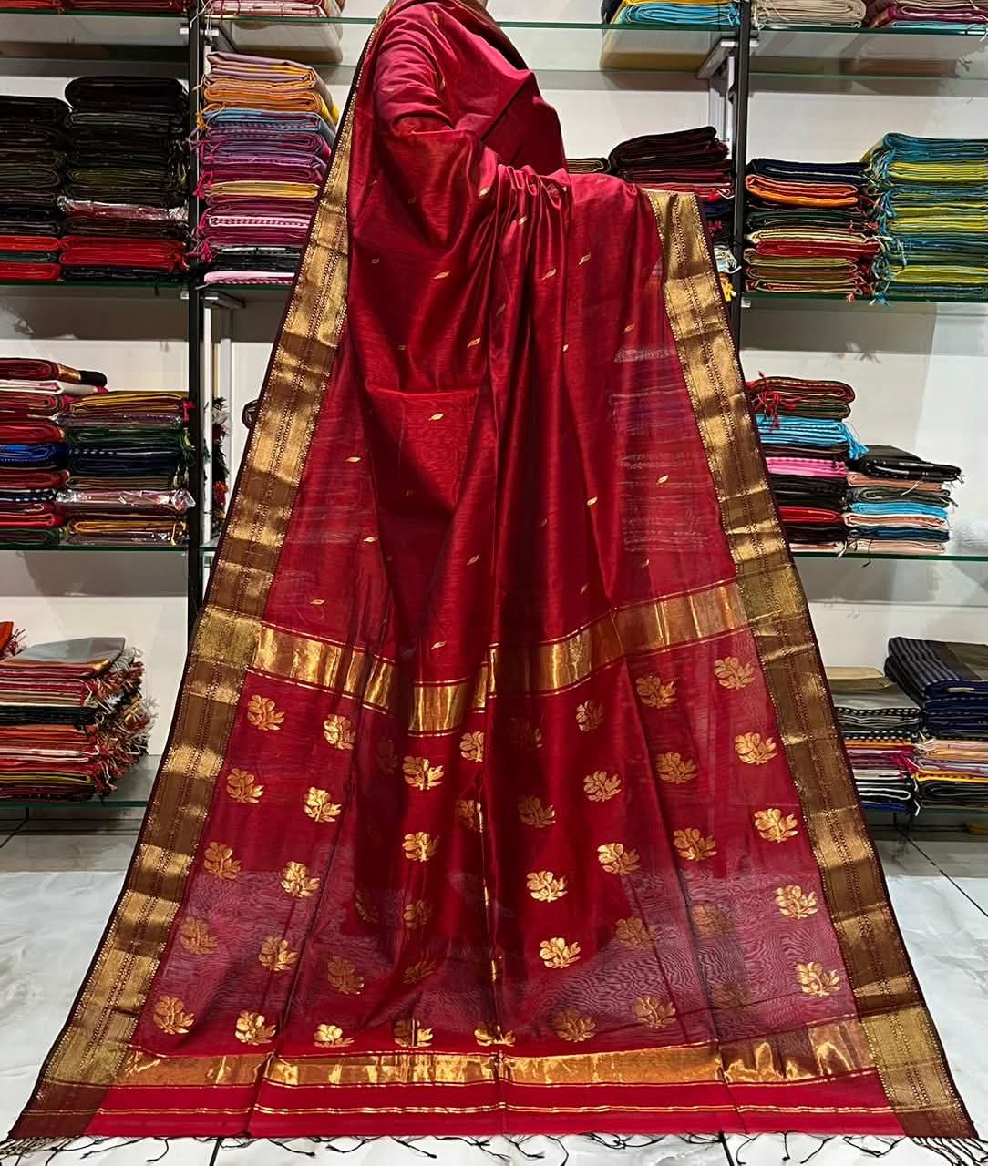 Maheshwari Cotton Silk Saree with Golden Zari Weaving & Buttas