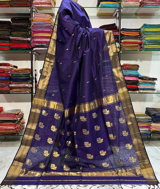 Maheshwari Cotton Silk Saree with Golden Zari Weaving & Buttas