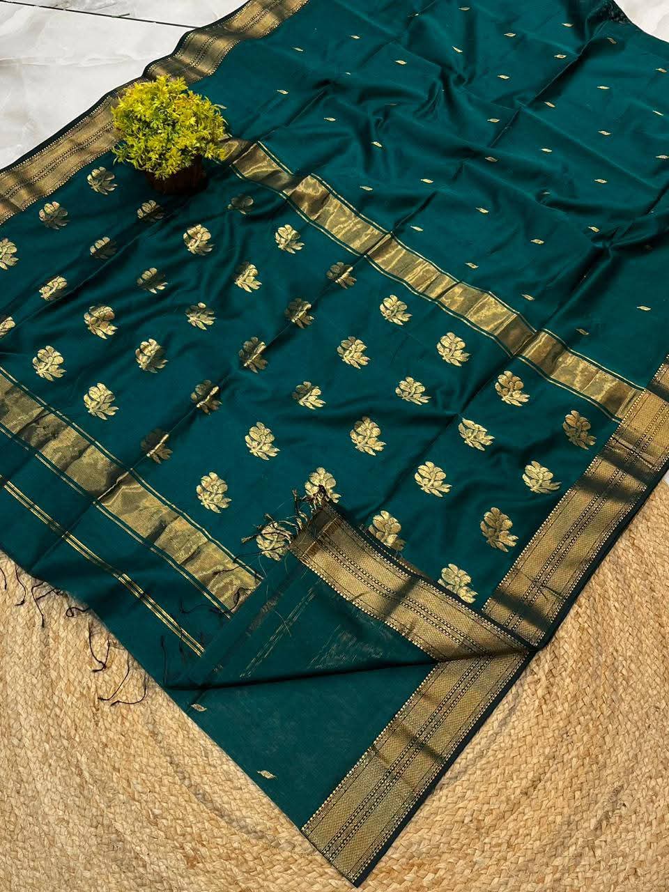 Maheshwari Cotton Silk Saree with Golden Zari Weaving & Buttas