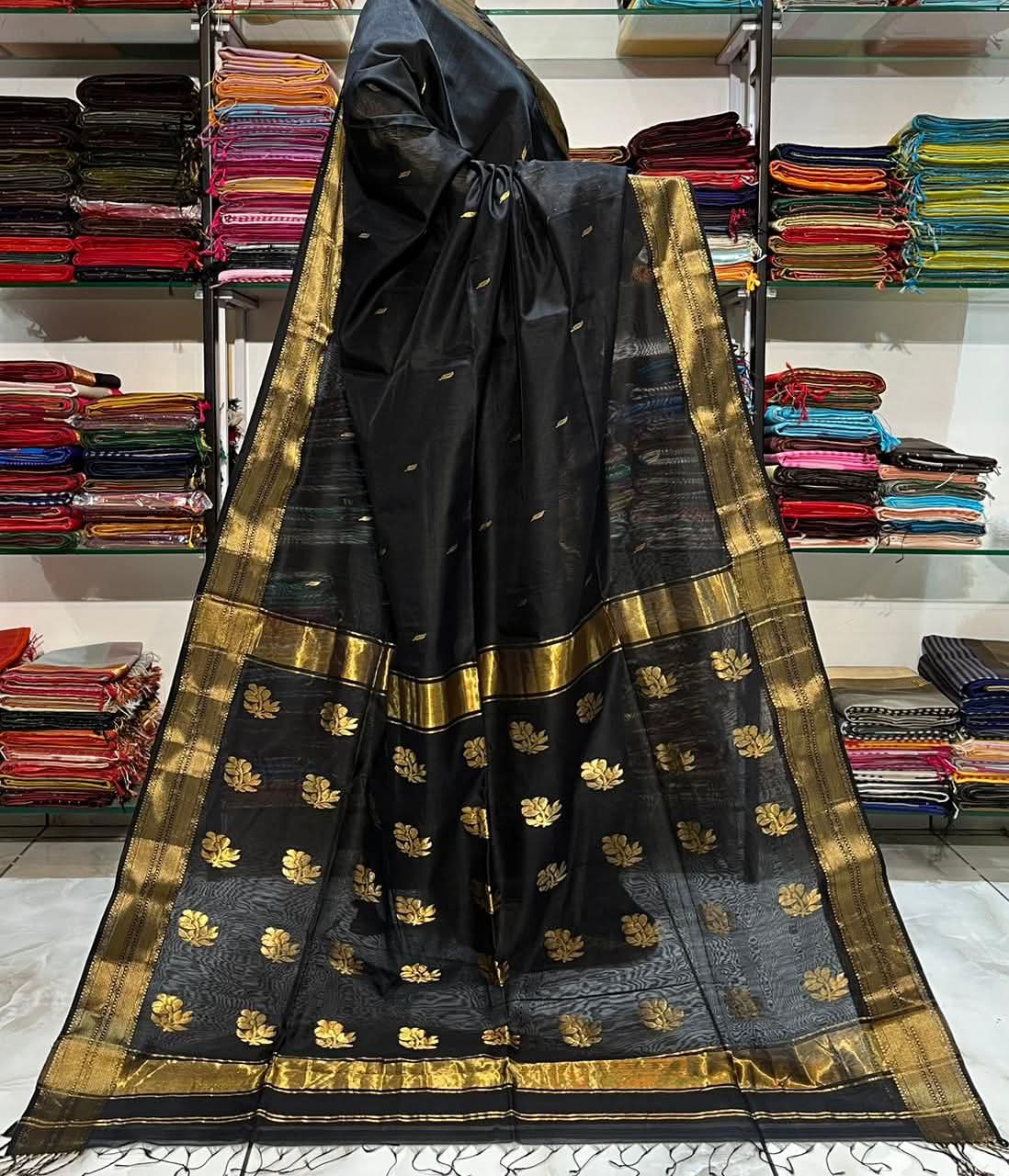 Maheshwari Cotton Silk Saree with Golden Zari Weaving & Buttas