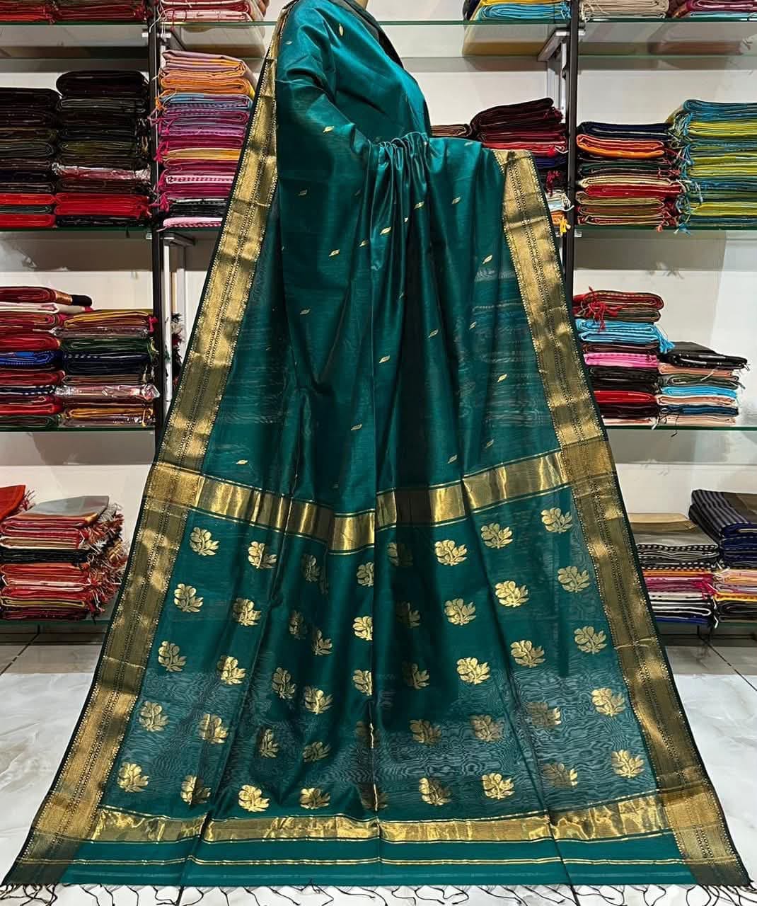 Maheshwari Cotton Silk Saree with Golden Zari Weaving & Buttas