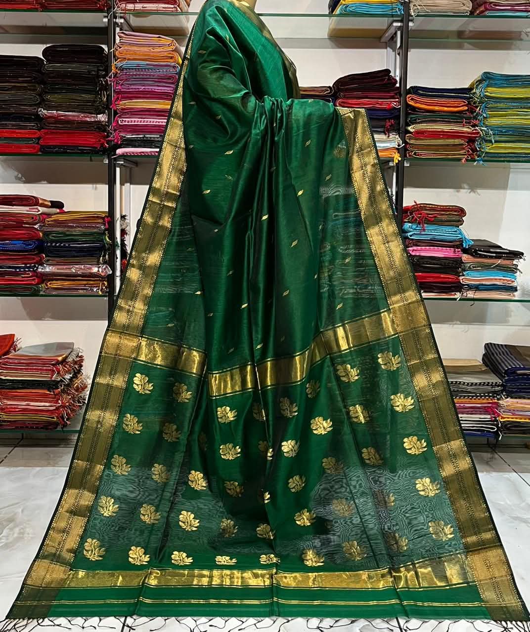 Maheshwari Cotton Silk Saree with Golden Zari Weaving & Buttas
